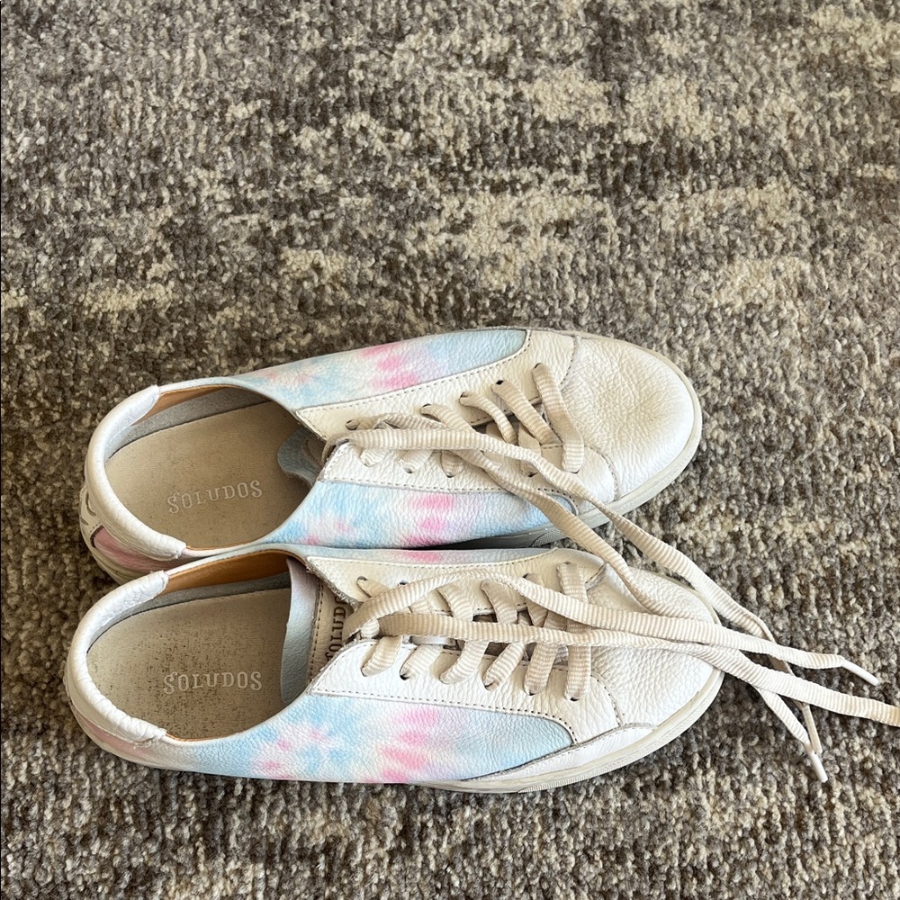 Soludos White Leather Sneakers with Pastel Tie-Dye Accents